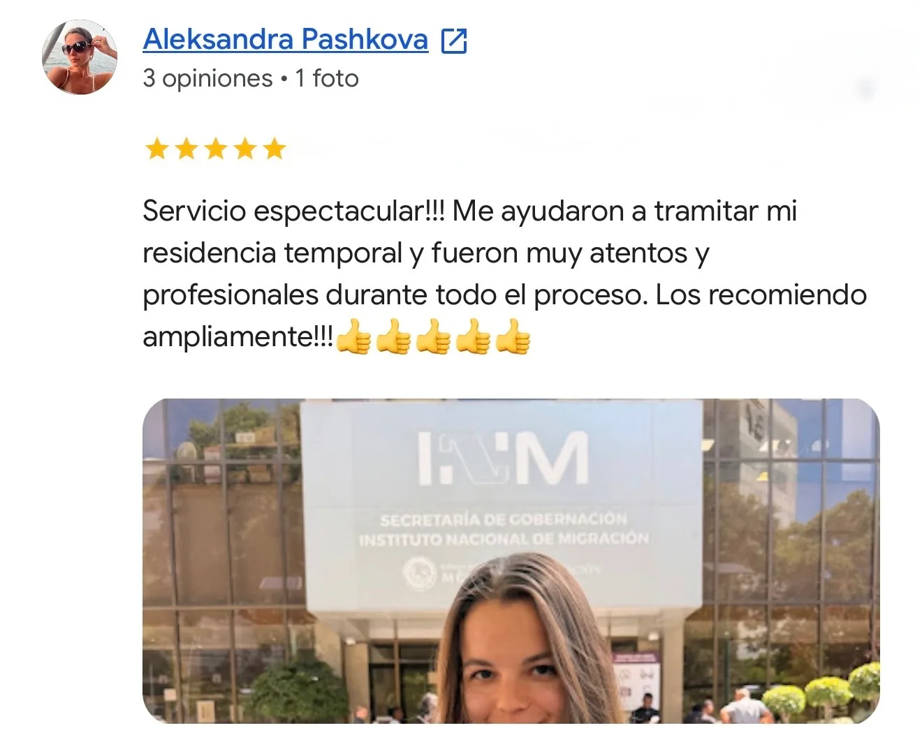 Reseña de Aleksandra Pashkova en Google. Residencia temporal. Servicio espectacular!!! Me ayudaron a tramitar mi residencia temporal y fueron muy atentos y profesionales durante todo el proceso. Los recomiendo ampliamente!!!